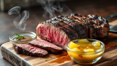 Um corte de carne macio e dourado, fatiado para mostrar a textura suculenta por dentro, resultado do amaciante natural de abacaxi.