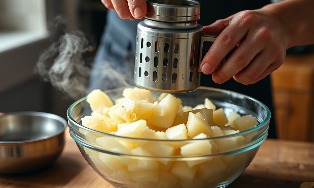 Mãos amassando batata cozida ainda quente em um bowl com um espremedor.