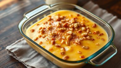 Sobremesa cremosa e dourada servida em travessa de vidro, com caramelo na superfície e pedaços de caju