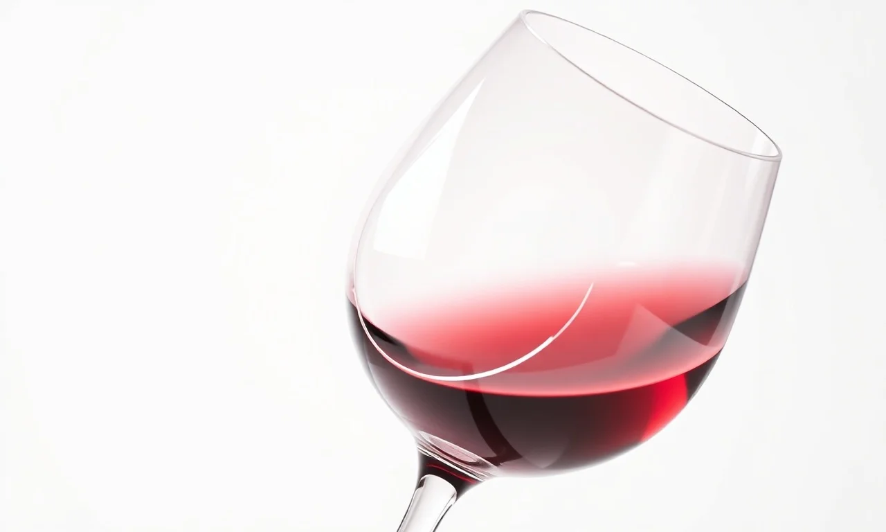 Taça de vinho tinto inclinada contra um fundo branco, com setas ou foco no centro e na borda (saia).