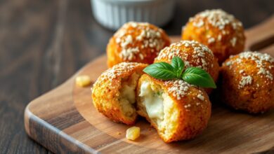 Bolinhos de risoto dourados e crocantes, com o queijo derretido escorrendo, prontos para servir.