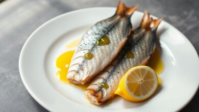 Filés de arenque prateados e macios, com pele intacta e brilhante, servidos sobre um prato branco, finalizados com um fio de azeite e rodelas de limão fresco.