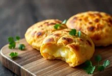 Arepas douradas e crocantes, uma delas cortada ao meio mostrando o interior macio e o queijo derretido, prontas para servir.