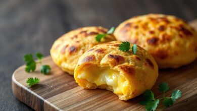 Arepas douradas e crocantes, uma delas cortada ao meio mostrando o interior macio e o queijo derretido, prontas para servir.