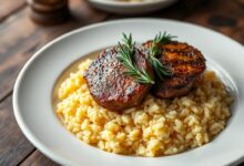 O prato finalizado, com o arroz cremoso e dourado servido em um prato fundo, coroado por medalhões de filé mignon com crosta dourada e toques de alecrim.