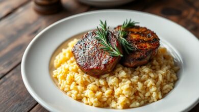 O prato finalizado, com o arroz cremoso e dourado servido em um prato fundo, coroado por medalhões de filé mignon com crosta dourada e toques de alecrim.