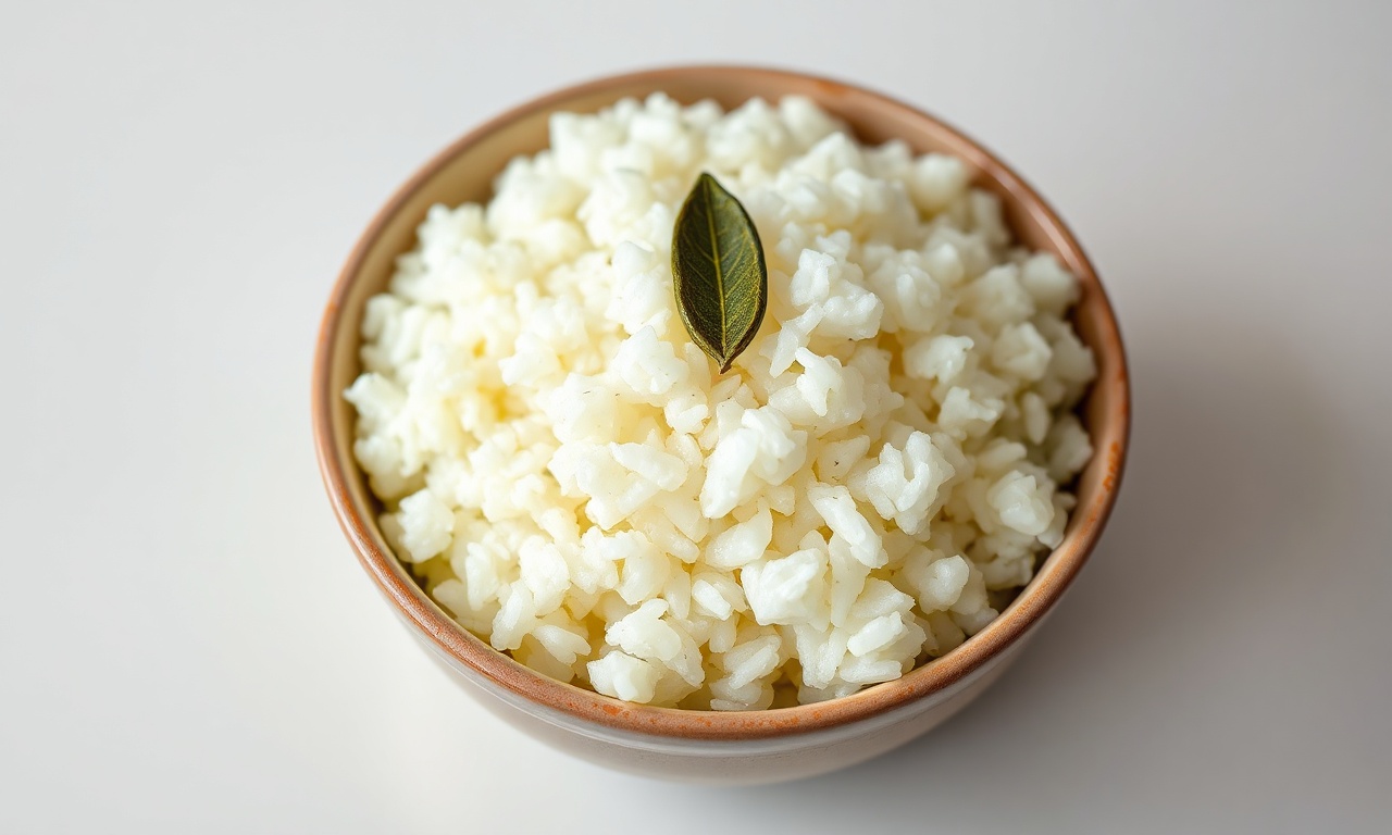Tigela de arroz branco soltinho e perfumado, com folhas de louro e um brilho de azeite.
