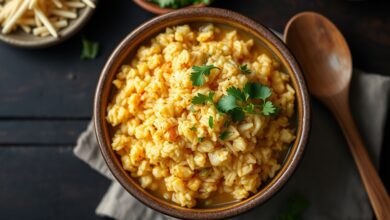 Tigela de arroz caldoso dourado, cremoso e aromático, finalizado com coentro fresco.