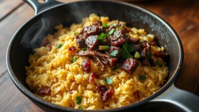 Arroz soltinho e dourado com pedaços macios de charque desfiado, pimentão verde e cheiro-verde fresco.