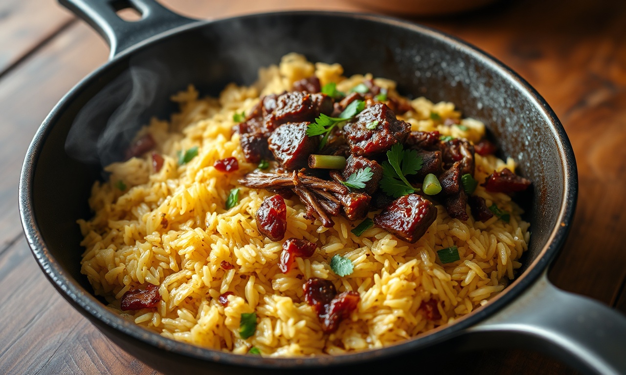 Arroz soltinho e dourado com pedaços macios de charque desfiado, pimentão verde e cheiro-verde fresco.
