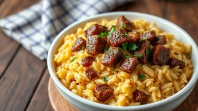 Um prato farto de arroz carreteiro com grãos dourados e soltos, pedaços generosos de carne de churrasco e toques de salsinha fresca.
