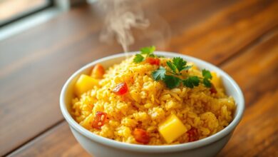 Tigela de arroz dourado pelo curry com pedaços de abacaxi caramelizado, grãos soltos e aromáticos