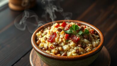 Tigela de arroz com lentilha cremoso, pontilhado com cubos de bacon crocante e folhas de salsinha fresca, servido em um ambiente rústico de cozinha.