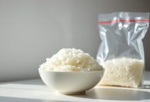 Tigela de arroz branco soltinho e fumegante, recém-reaquecido, demonstrando que o congelamento preserva a qualidade.