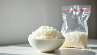 Tigela de arroz branco soltinho e fumegante, recém-reaquecido, demonstrando que o congelamento preserva a qualidade.