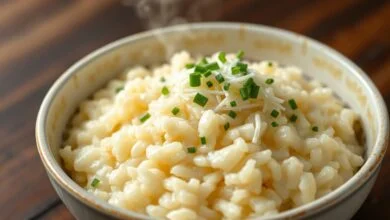Prato fundo com arroz branco cremoso e brilhante, decorado com ervas