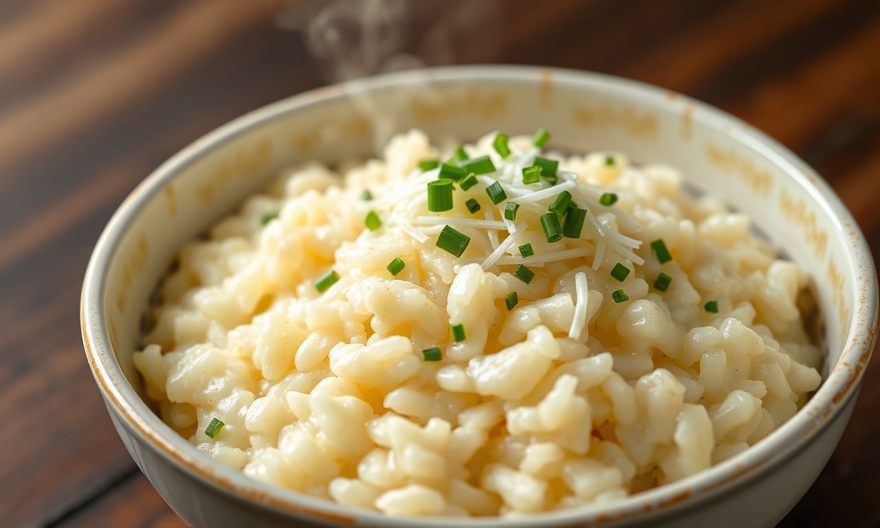 Prato fundo com arroz branco cremoso e brilhante, decorado com ervas