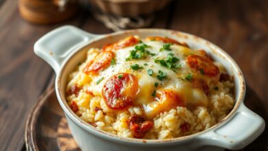 Refratário de cerâmica com arroz de forno cremoso coberto por uma camada generosa de mussarela dourada, rodelas de linguiça portuguesa dourada à mostra e salsinha fresca picada por cima.