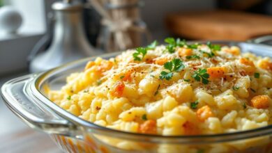 Refratário de vidro com arroz cremoso coberto por queijo derretido e dourado