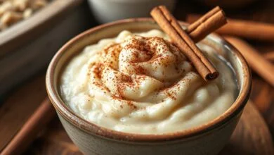 Taça rústica com arroz doce cremoso decorado com canela