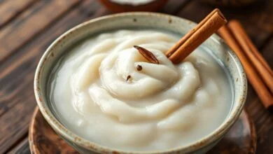 Arroz Doce Com Leite De Coco Cremoso: Receita Tailandesa 7 Tigela de arroz doce cremoso com leite de coco, textura aveludada e brilhante, decorada com canela em pau e cravos.