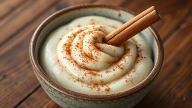 Uma travessa de arroz doce cremoso, polvilhado generosamente com canela em pó e decorado com canela em pau, pronto para servir.