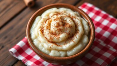 Tigela de barro com arroz doce cremoso, polvilhado generosamente com canela em pó, com textura aveludada e grãos macios, apresentado sobre toalha xadrez vermelha e branca.