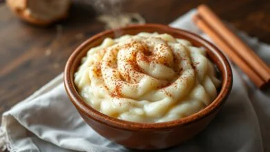 Tigela de arroz doce cremoso, denso e aveludado, com um leve toque de canela e grãos macios, servido em uma tigela de cerâmica rústica.