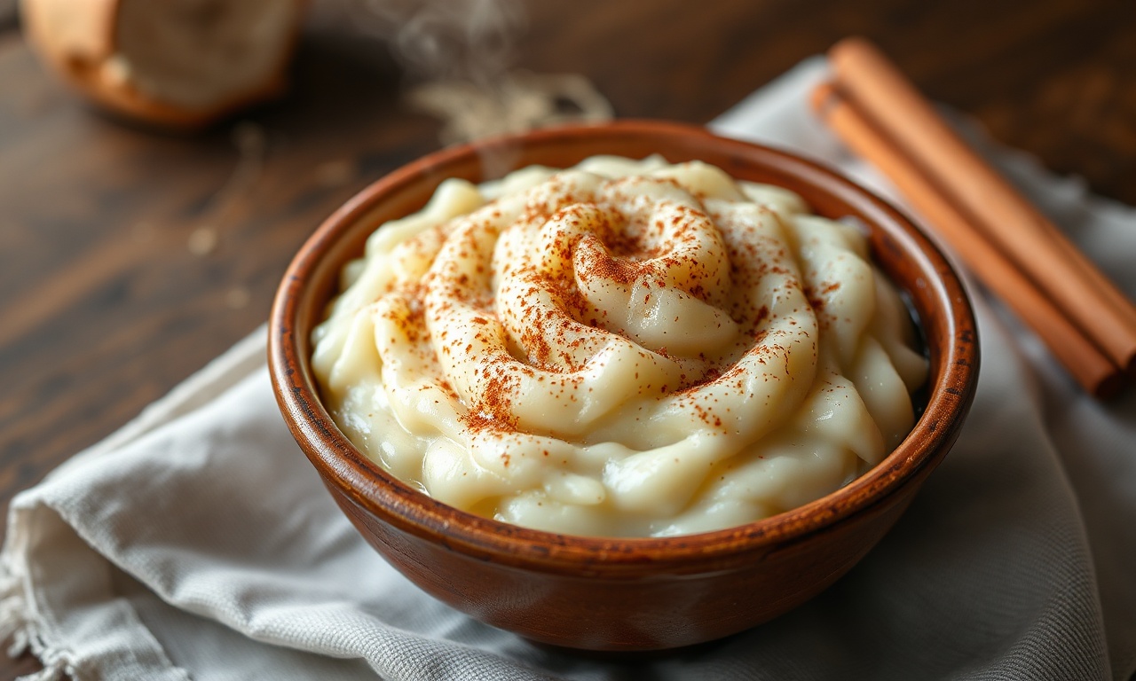Tigela de arroz doce cremoso, denso e aveludado, com um leve toque de canela e grãos macios, servido em uma tigela de cerâmica rústica.