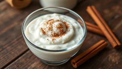 Taça de vidro transparente com arroz doce cremoso e denso, polvilhado generosamente com canela em pó, com grãos de arroz macios envoltos em creme branco leitoso