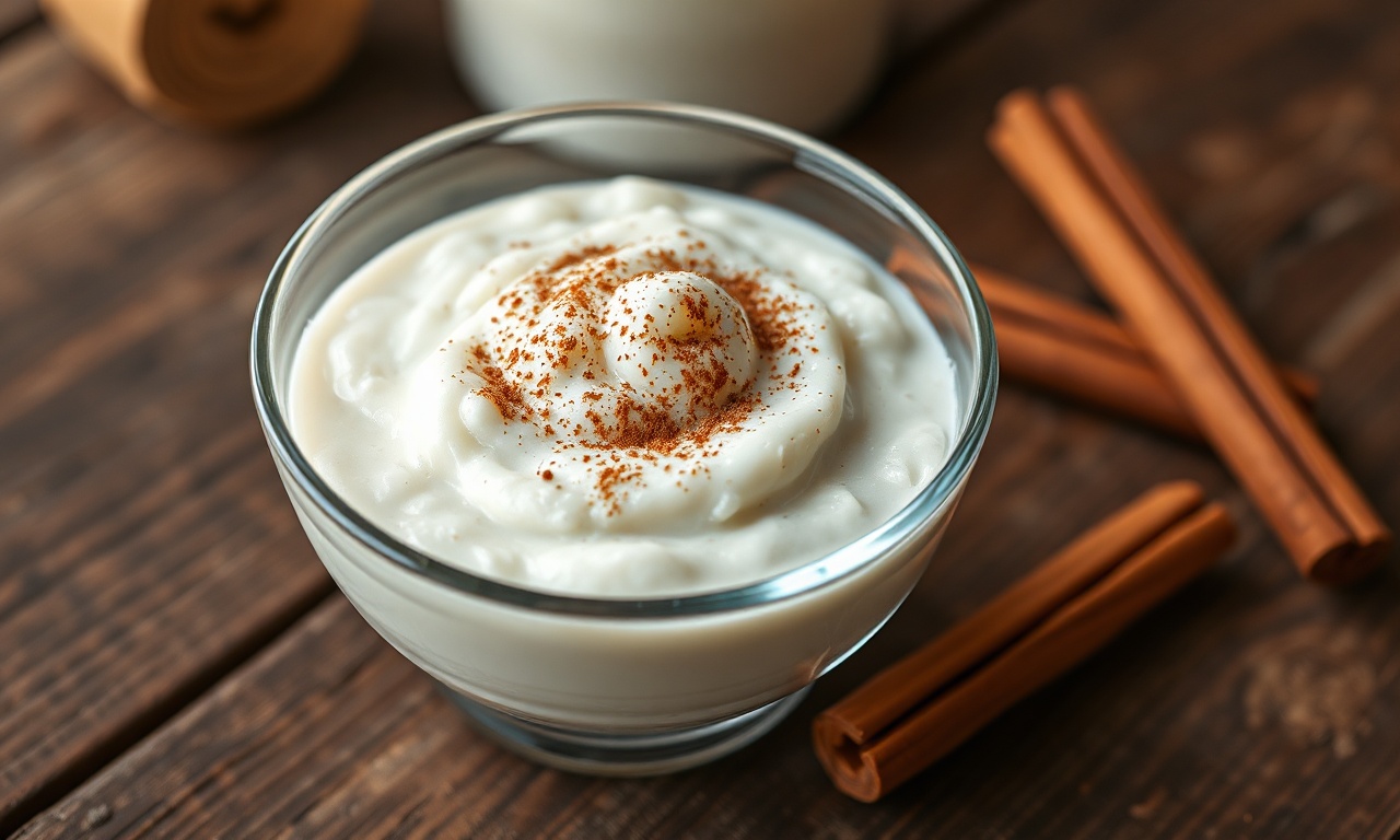 Taça de vidro transparente com arroz doce cremoso e denso, polvilhado generosamente com canela em pó, com grãos de arroz macios envoltos em creme branco leitoso