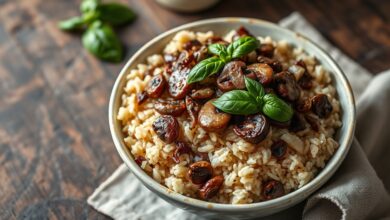 O arroz integral soltinho, com cogumelos dourados e cebola caramelizada, finalizado com manjericão.