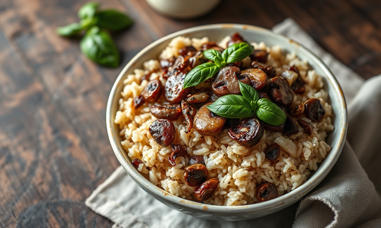 O arroz integral soltinho, com cogumelos dourados e cebola caramelizada, finalizado com manjericão.
