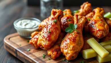Asas de frango douradas e crocantes, com a pele estalando e um brilho de manteiga, prontas para o happy hour.
