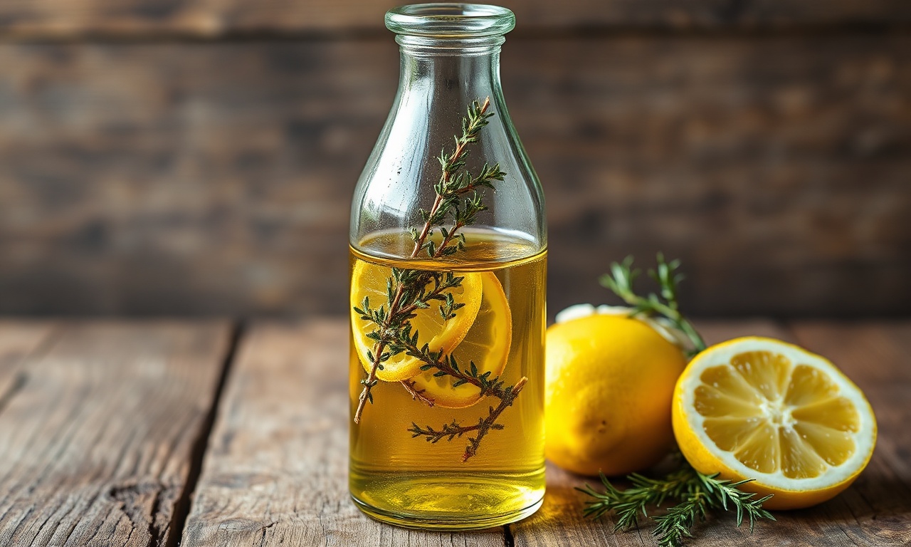 Azeite Aromatizado Com Tomilho E Limão: Fácil Em 10 Min 3 Frasco de vidro com azeite dourado, tomilho seco e raspas de limão.