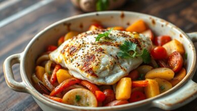 Um prato rústico e apetitoso com bacalhau desfiado e dourado, cobrindo uma cama de legumes assados e macios, finalizado com folhas de salsinha fresca.