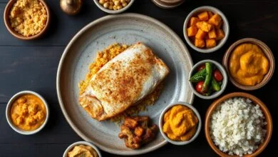 Bacalhau desfiado e dourado servido ao centro de uma mesa com sete pequenas tigelas de acompanhamentos coloridos: arroz de forno cremoso, purê de batata-doce alaranjado, creme de grão-de-bico aveludado, legumes assados, salada com laranja, couve-flor gratinada e arroz branco soltinho.