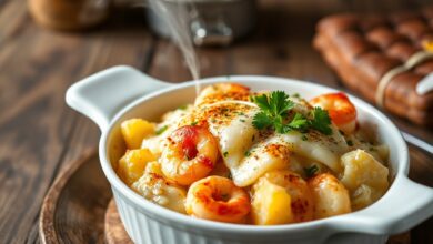 Refratário de cerâmica com bacalhau desfiado e camarão cobertos por crosta de queijo muçarela dourada e batata palha crocante.