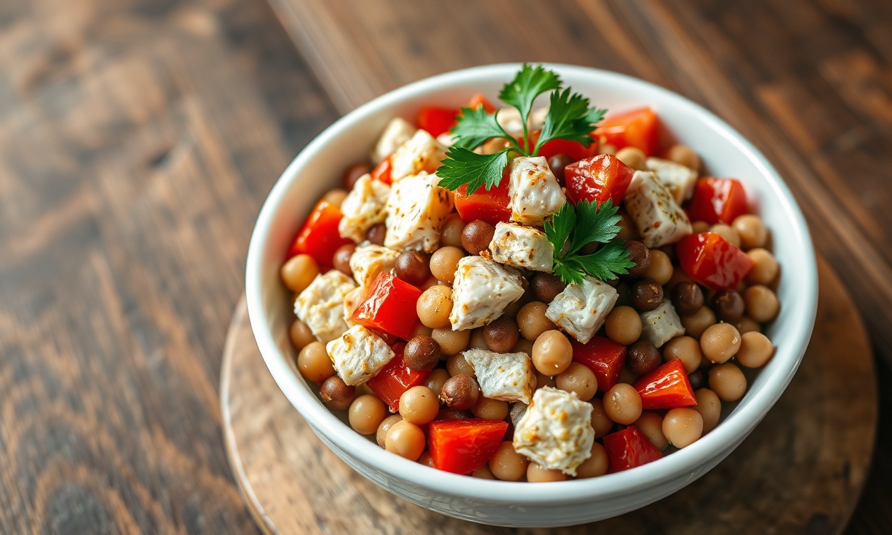 Salada vibrante e colorida, com bacalhau desfiado, feijões-fradinho inteiros, cubos de tomate e pimentão vermelho, finalizada com folhas de salsinha fresca.