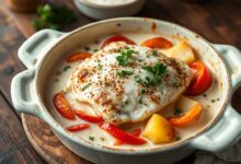 Uma travessa de cerâmica com lascas de bacalhau suculentas sobre batatas fatiadas, banhadas em molho cremoso de leite de coco, com pontos de tomate, pimentão vermelho e salsinha fresca.