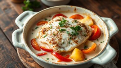 Uma travessa de cerâmica com lascas de bacalhau suculentas sobre batatas fatiadas, banhadas em molho cremoso de leite de coco, com pontos de tomate, pimentão vermelho e salsinha fresca.
