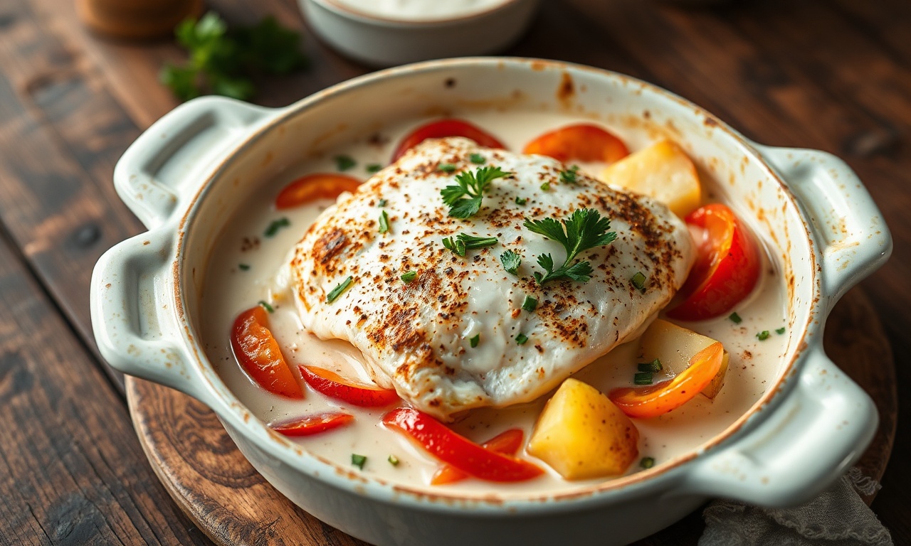 Uma travessa de cerâmica com lascas de bacalhau suculentas sobre batatas fatiadas, banhadas em molho cremoso de leite de coco, com pontos de tomate, pimentão vermelho e salsinha fresca.