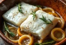 Postas macias de bacalhau banhadas em azeite aromatizado, sobre cebola caramelizada, com alecrim e louro.