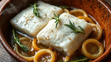 Postas macias de bacalhau banhadas em azeite aromatizado, sobre cebola caramelizada, com alecrim e louro.