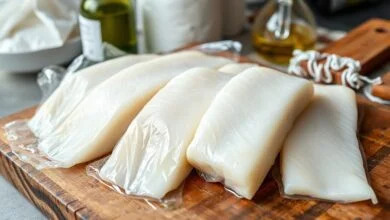 Pedaços de bacalhau branco e firme, pincelados com azeite e embalados individualmente, prontos para o freezer.