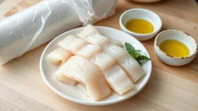 Postas de bacalhau dessalgado, secas e prontas para o armazenamento na geladeira.