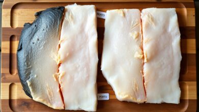 Duas postas de bacalhau salgado lado a lado, uma com a cura artesanal mais escura e outra com a industrial mais clara, sobre uma tábua de madeira.