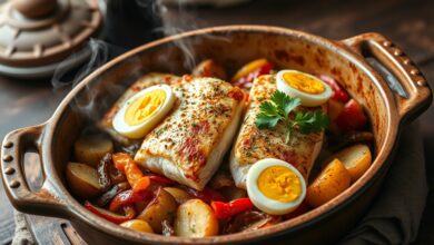Uma travessa de barro recheada com postas de bacalhau douradas, assadas sobre uma cama de batatas, cebolas e pimentões coloridos, regada com azeite e decorada com ovos cozidos e salsinha fresca.