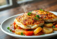 Postas de bacalhau douradas e crocantes sobre uma cama de batatas e legumes assados, prontas para servir.