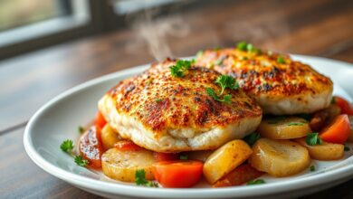 Postas de bacalhau douradas e crocantes sobre uma cama de batatas e legumes assados, prontas para servir.